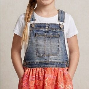 Girls Denim Bib Dress with Orange Printed Skirt